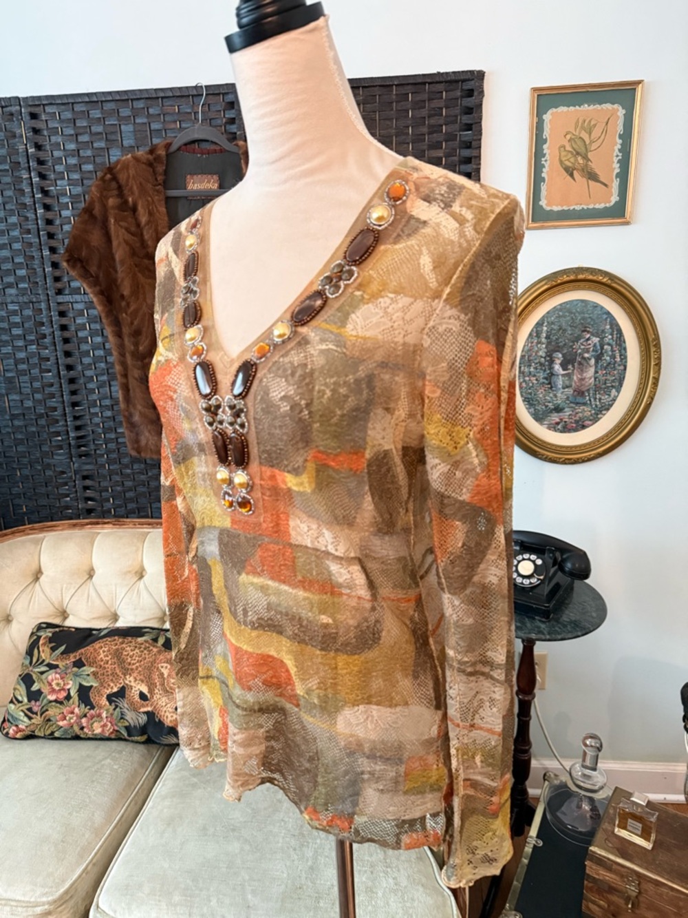 🍂✨ Vintage David Cline Embellished Mesh Top Abstract Earth Tone Y2K USA - Picture 5 of 10